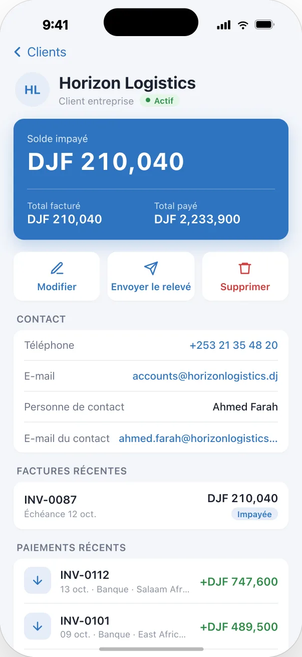 Écran de détail d’un client dans l’app Djib Smart