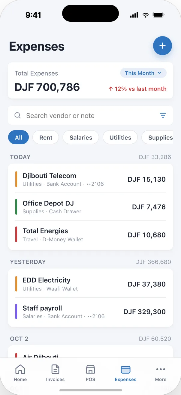 Expenses screen in the Djib Smart app