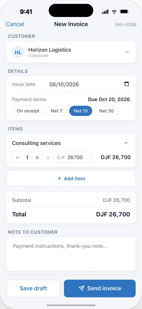 Create invoice screen in the Djib Smart app