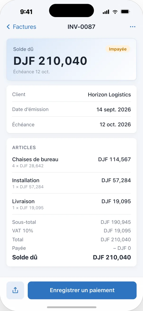 Écran de détail d’une facture dans l’app Djib Smart