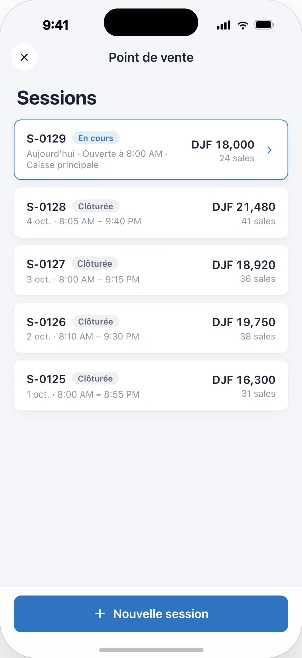 Écran de caisse dans l’app Djib Smart