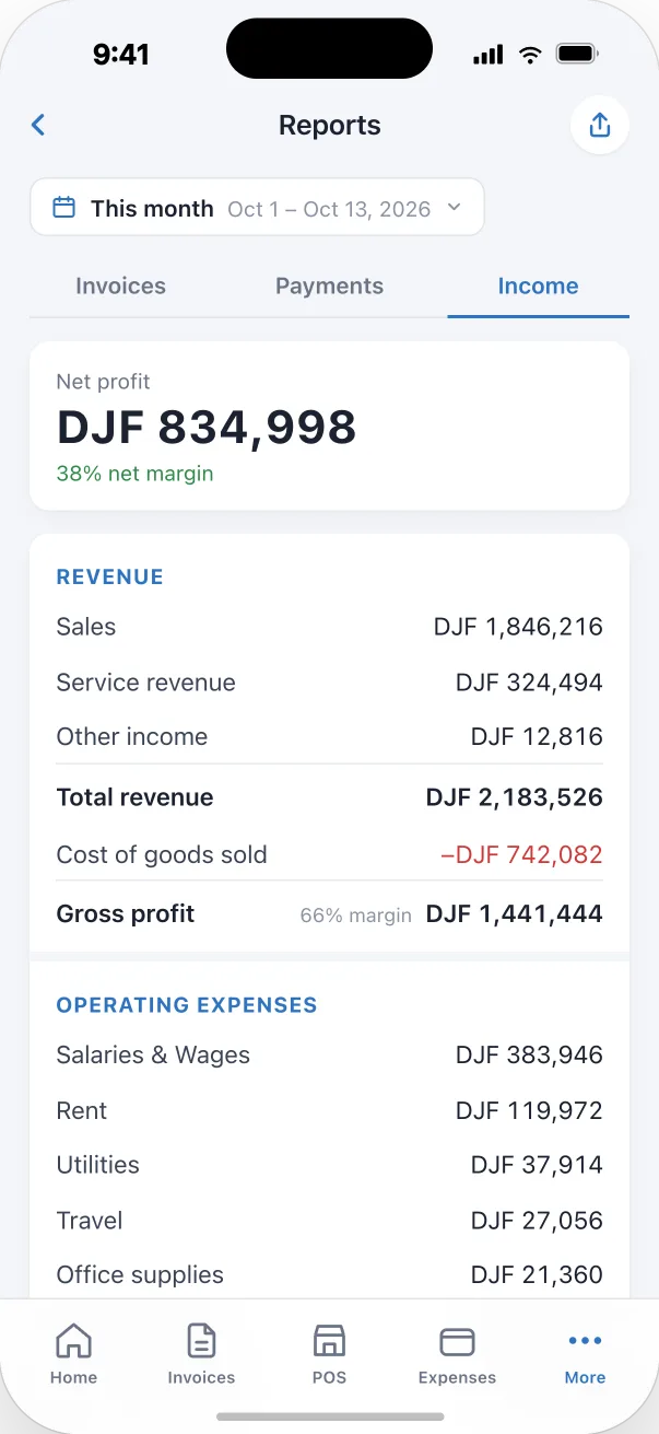 Income statement screen in the Djib Smart app