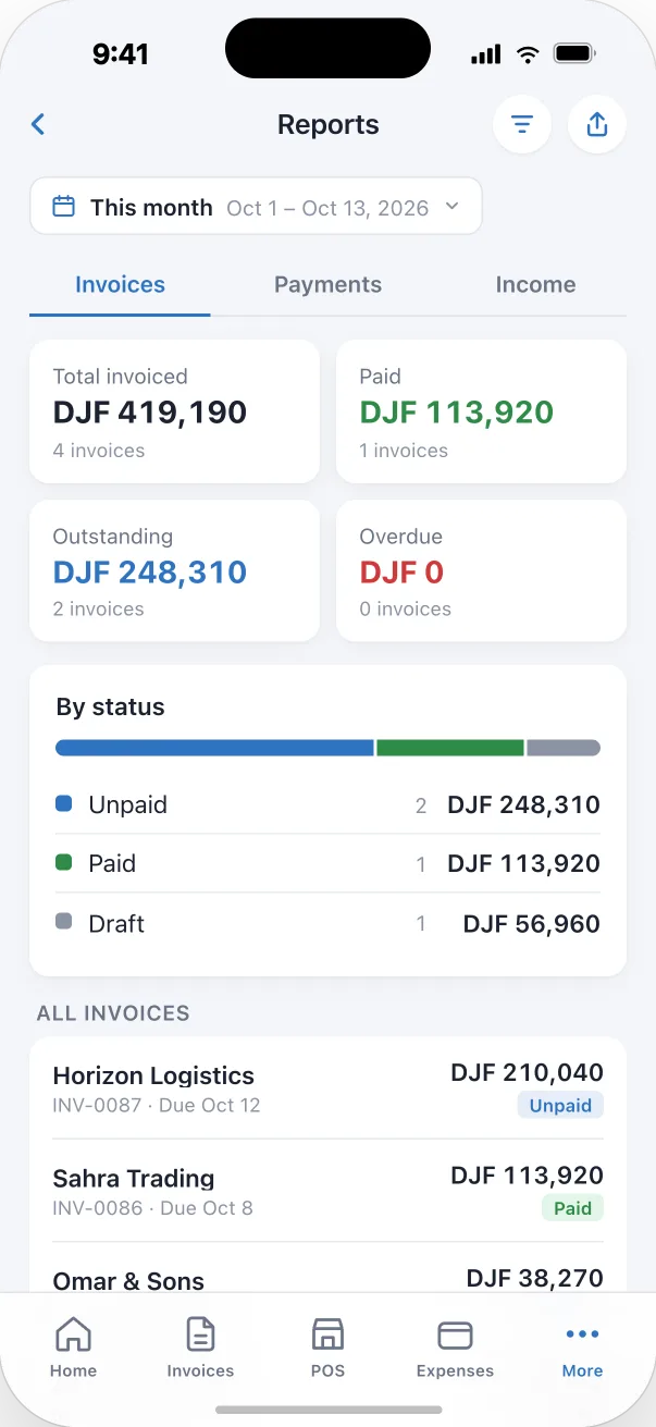 Invoice report screen in the Djib Smart app