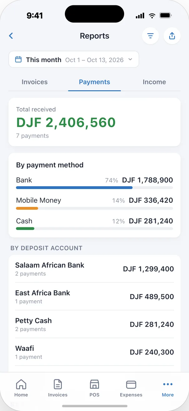 Payment report screen in the Djib Smart app