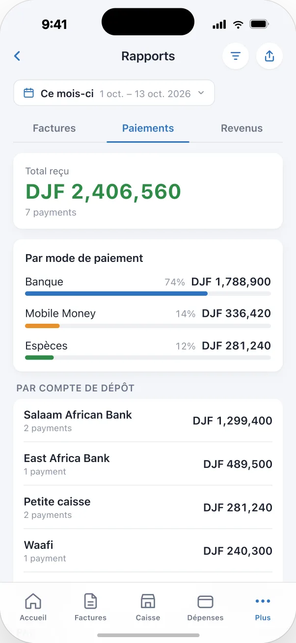 Écran du rapport des paiements dans l’app Djib Smart